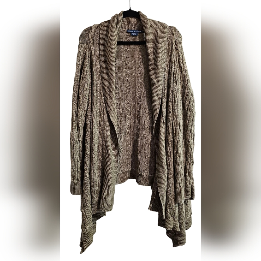 Ralph Lauren Women Sweater Brown Cable Knit Linen Oversized Drape Cardigan Large